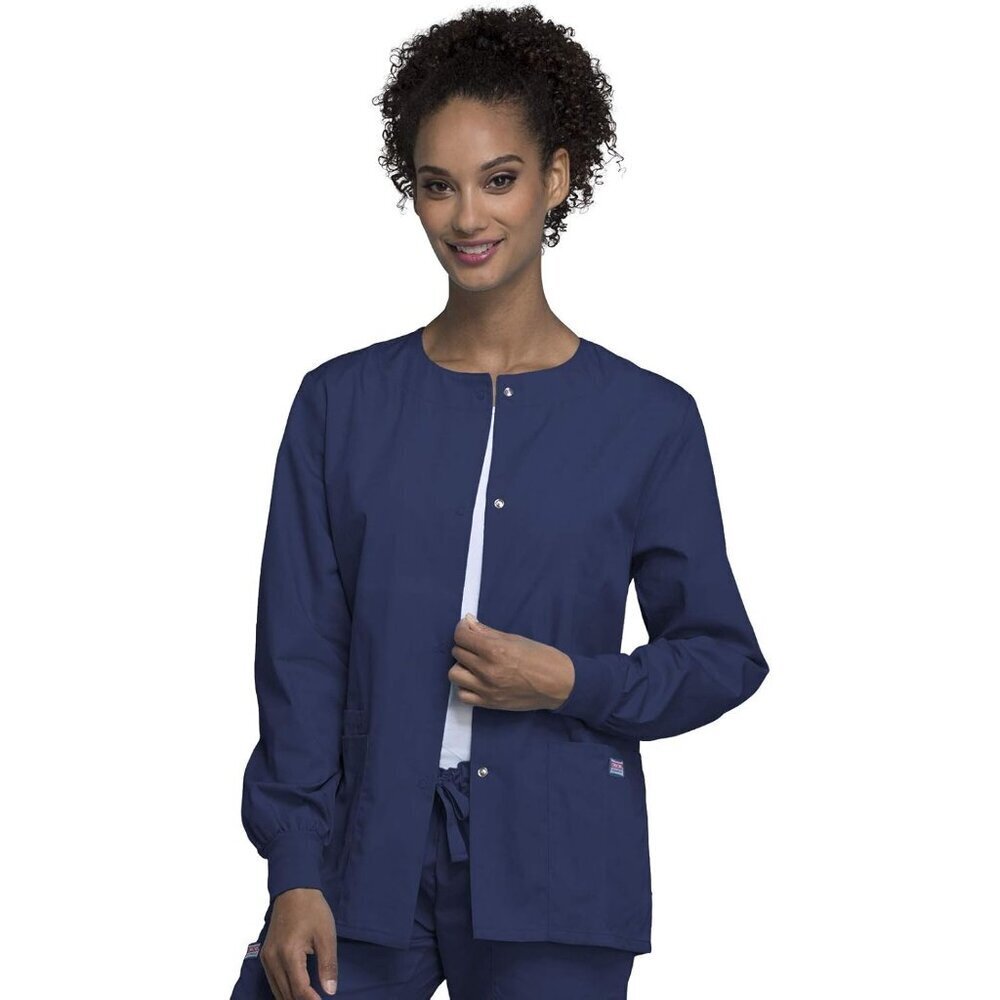 Women's Navy Scrubs Jacket Cotton-Poly Snap Front Pockets Easy Care